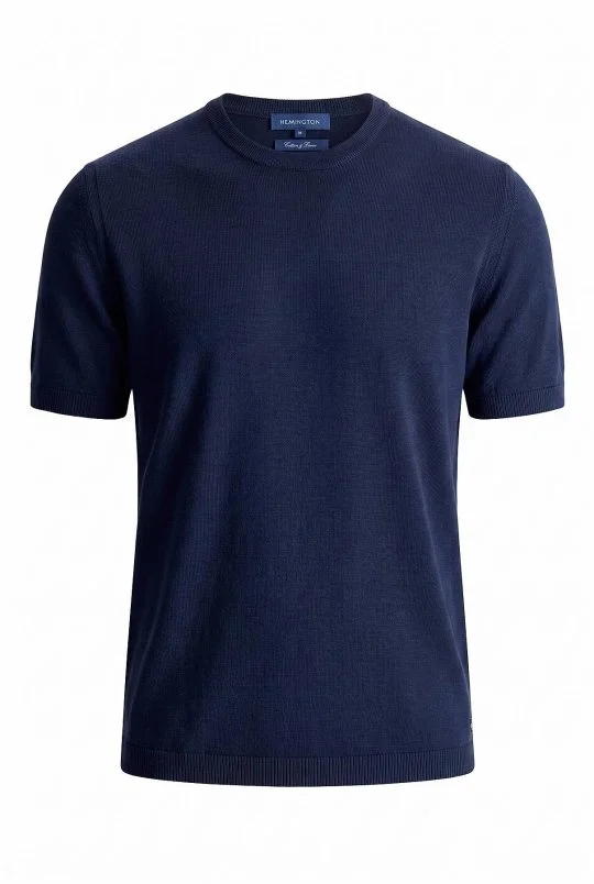 Hemington - Keten Pamuk Karışım Bisiklet Yaka Mavi Triko T-Shirt (7)