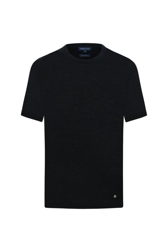 Keten Pamuk Karışım Bisiklet Yaka Siyah Triko T-Shirt