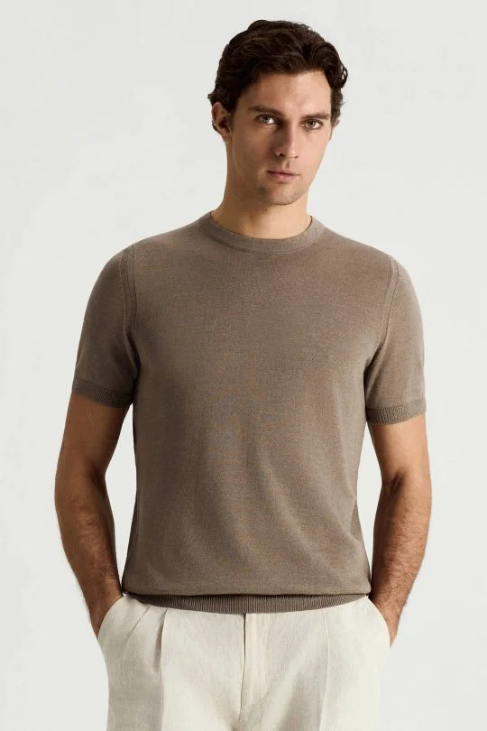 Keten Pamuk Karışım Bisiklet Yaka Vizon Triko T-Shirt