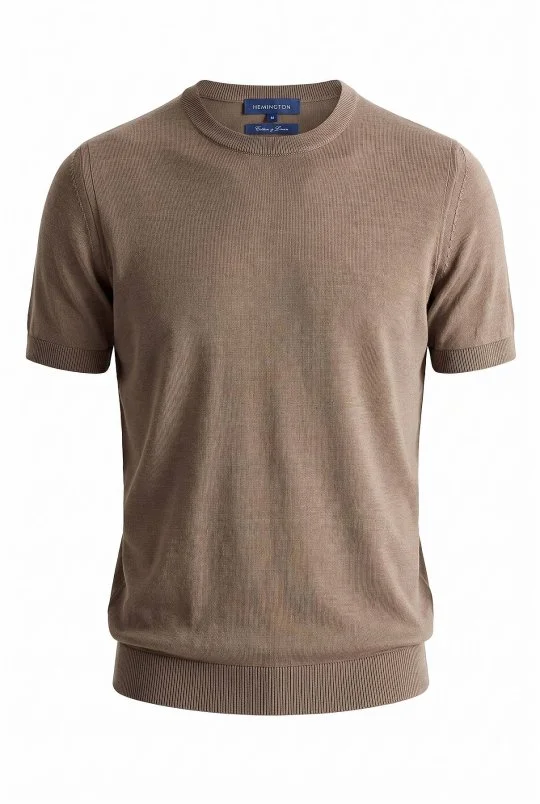 Hemington - Keten Pamuk Karışım Bisiklet Yaka Vizon Triko T-Shirt (7)