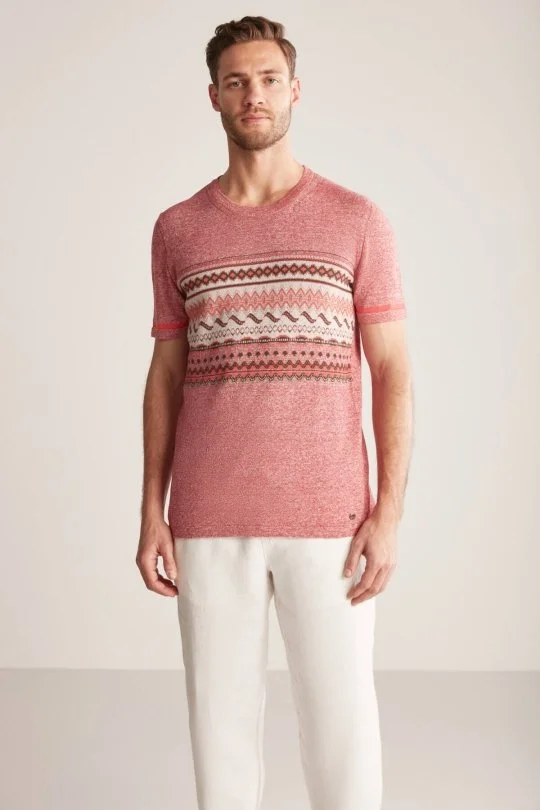 Hemington - Keten Pamuk Karışım Etnik Desen Bordo Triko T-Shirt (1)