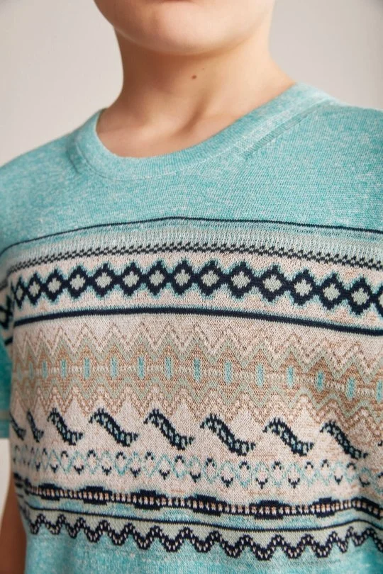 Hemington - Keten Pamuk Karışım Etnik Desen Mavi Çocuk Triko T-Shirt (5)