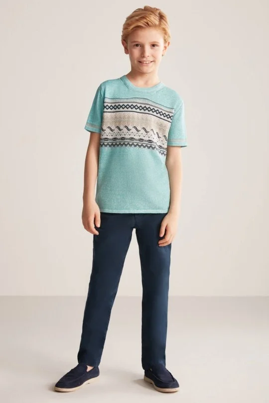 Hemington - Keten Pamuk Karışım Etnik Desen Mavi Çocuk Triko T-Shirt (1)