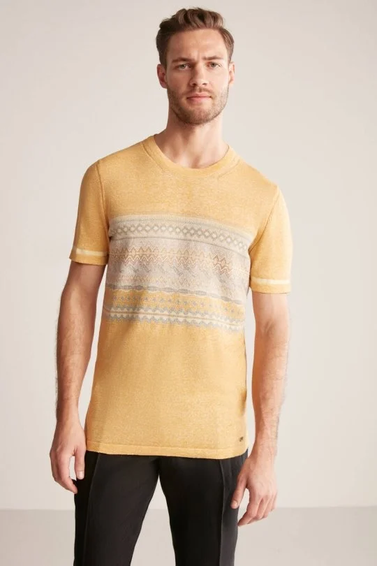 Hemington - Keten Pamuk Karışım Etnik Desen Sarı Triko T-Shirt (3)