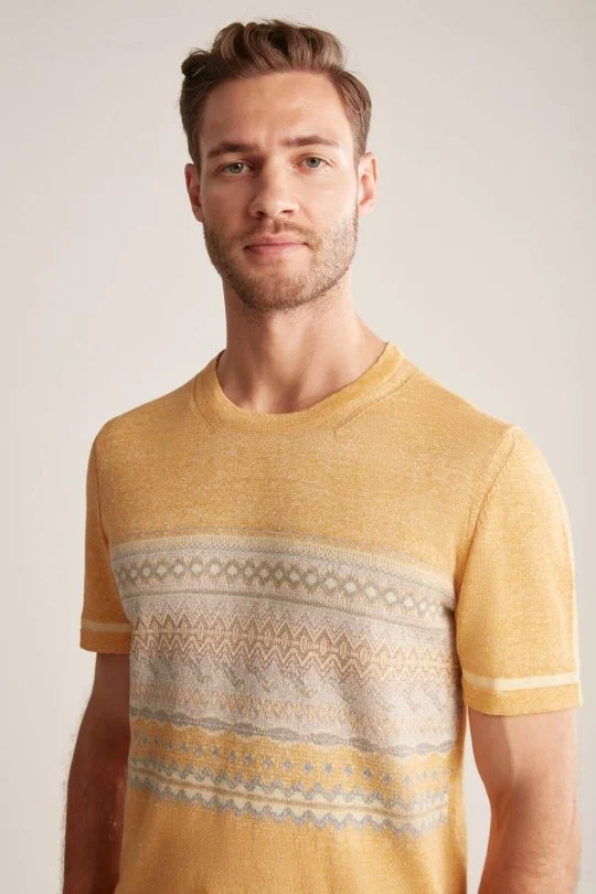 Hemington - Keten Pamuk Karışım Etnik Desenli Sarı Triko T-Shirt