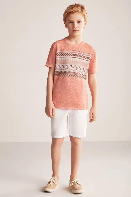 Hemington - Keten Pamuk Karışım Etnik Desen Turuncu Çocuk Triko T-Shirt (1)