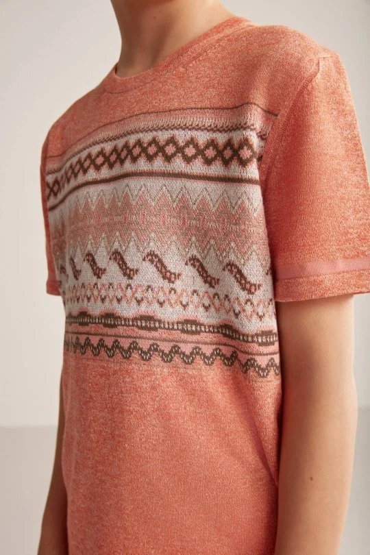 Hemington - Keten Pamuk Karışım Etnik Desen Turuncu Çocuk Triko T-Shirt (6)