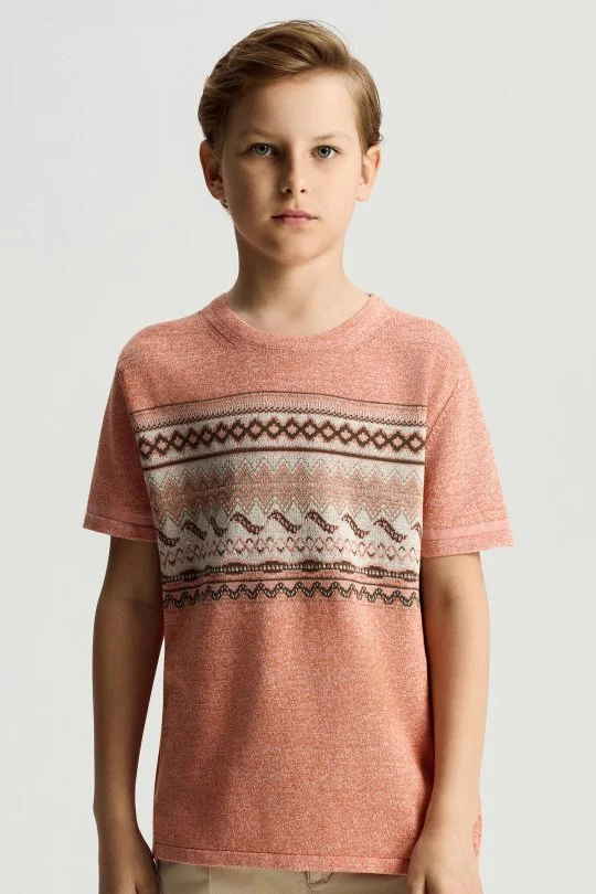 Hemington - Keten Pamuk Karışım Etnik Desen Turuncu Çocuk Triko T-Shirt (1)