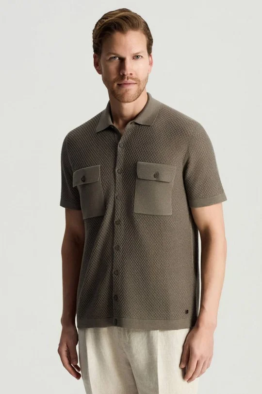 Hemington - Keten Pamuk Karışım Kısa Kollu Haki Triko Gömlek (1)