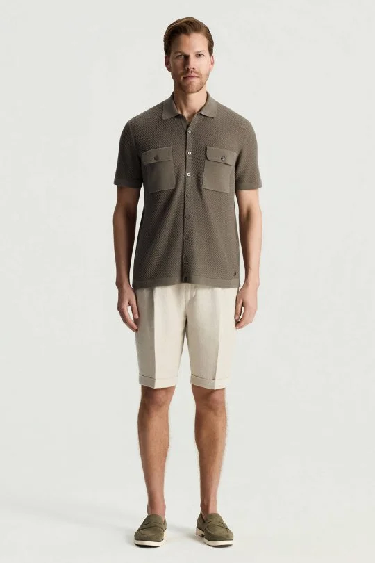 Hemington - Keten Pamuk Karışım Kısa Kollu Haki Triko Gömlek (2)