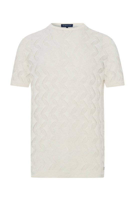 Keten Pamuk Ajur Desen Bisiklet Yaka Kırık Beyaz Triko T-Shirt