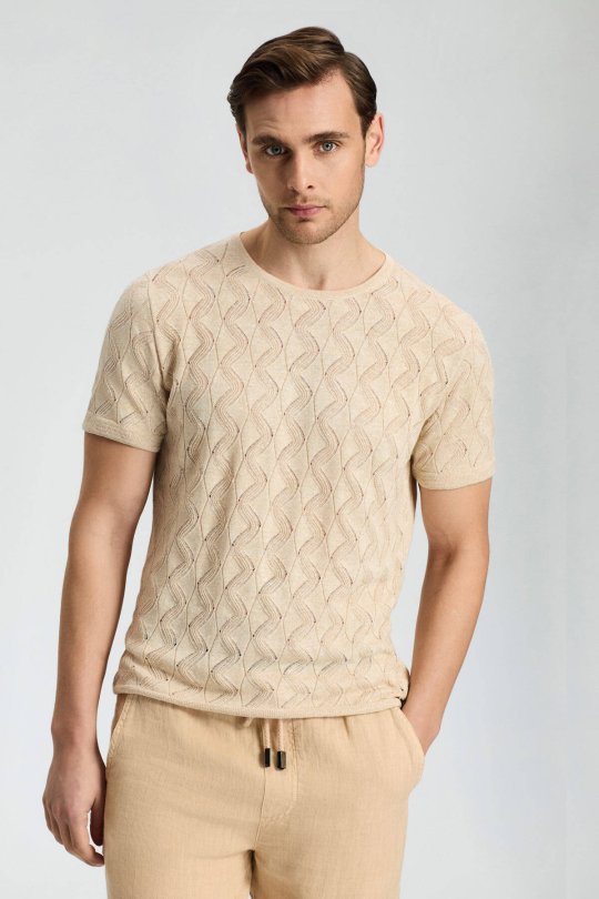 Keten Pamuk Ajur Desen Bisiklet Yaka Krem Rengi Triko T-Shirt