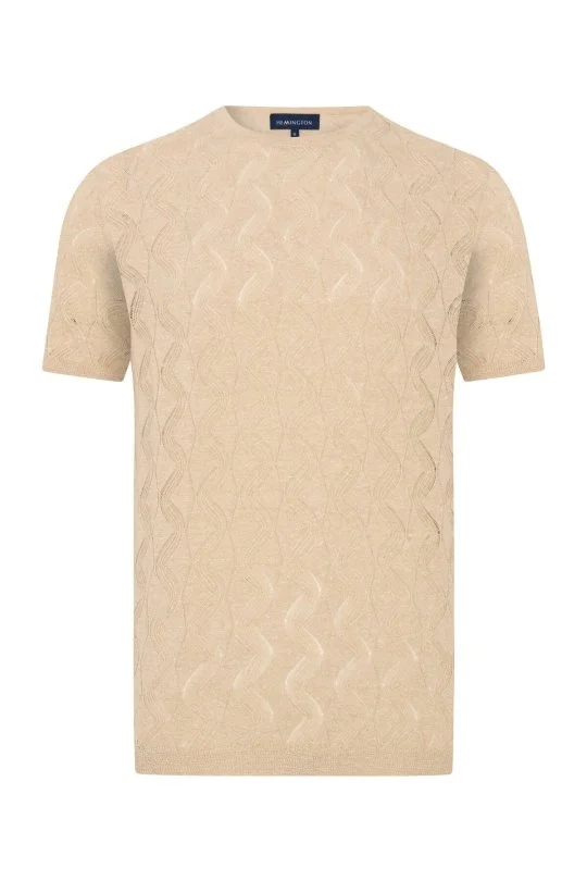 Hemington - Keten Pamuk Ajur Desen Bisiklet Yaka Krem Rengi Triko T-Shirt (6)
