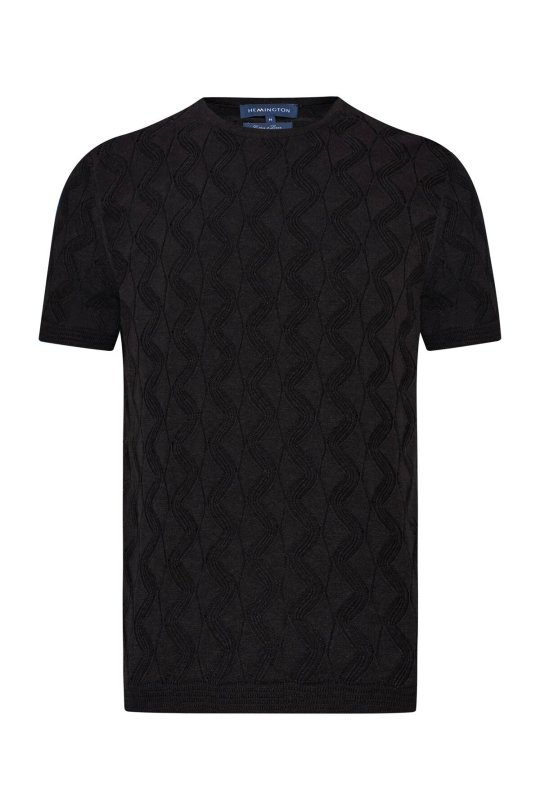Keten Pamuk Ajur Desen Bisiklet Yaka Siyah Triko T-Shirt