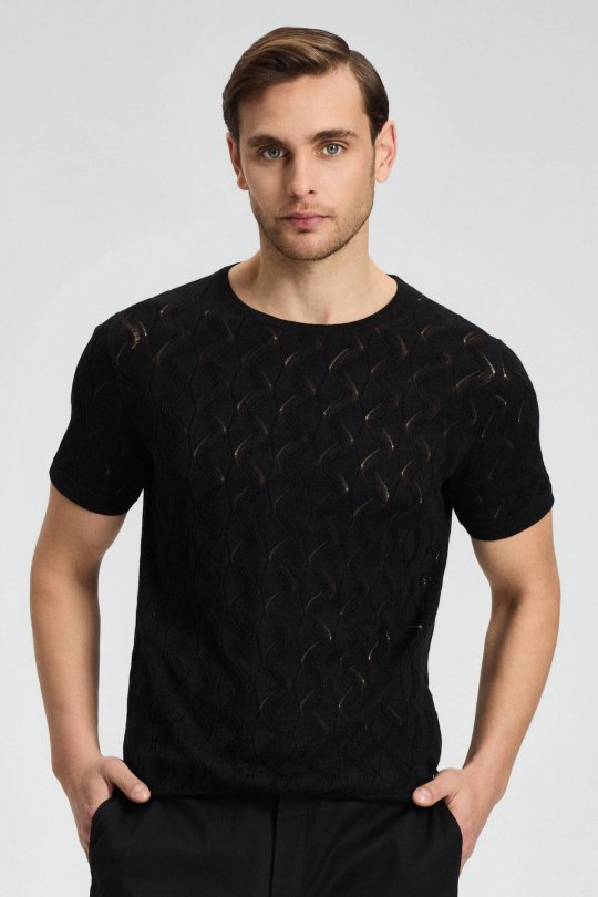 Keten Pamuk Ajur Desen Bisiklet Yaka Siyah Triko T-Shirt