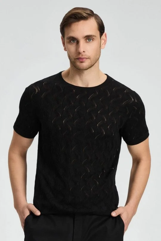 Hemington - Keten Pamuk Ajur Desen Bisiklet Yaka Siyah Triko T-Shirt (2)