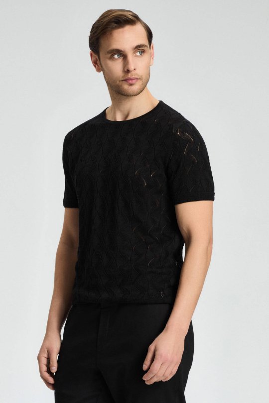 Keten Pamuk Ajur Desen Bisiklet Yaka Siyah Triko T-Shirt