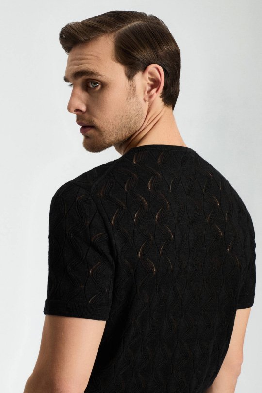Keten Pamuk Ajur Desen Bisiklet Yaka Siyah Triko T-Shirt