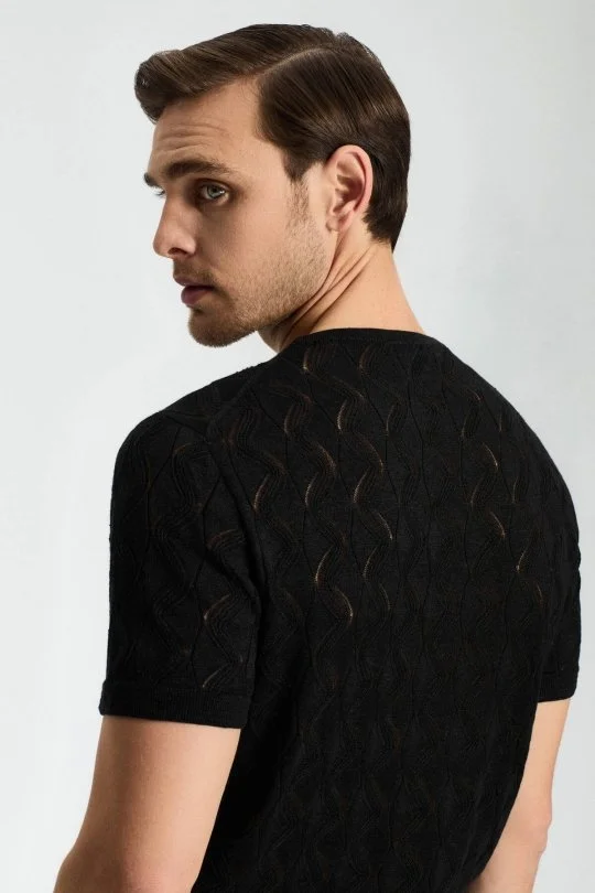 Hemington - Keten Pamuk Ajur Desen Bisiklet Yaka Siyah Triko T-Shirt (4)