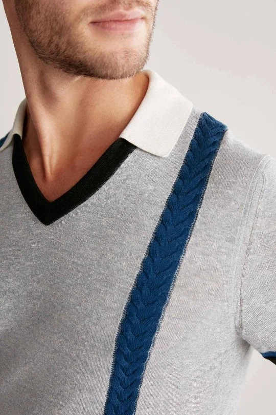 Hemington - Keten Pamuk Karışım Desen Mavi Triko Polo (5)