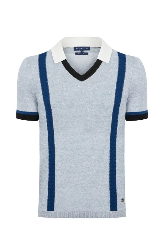 Hemington - Keten Pamuk Karışım Desen Mavi Triko Polo (7)