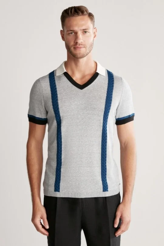 Hemington - Keten Pamuk Karışım Desen Mavi Triko Polo (1)