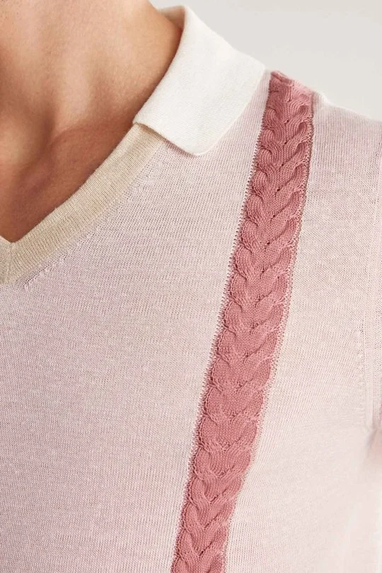 Hemington - Keten Pamuk Karışım Desen Pembe Triko Polo (5)