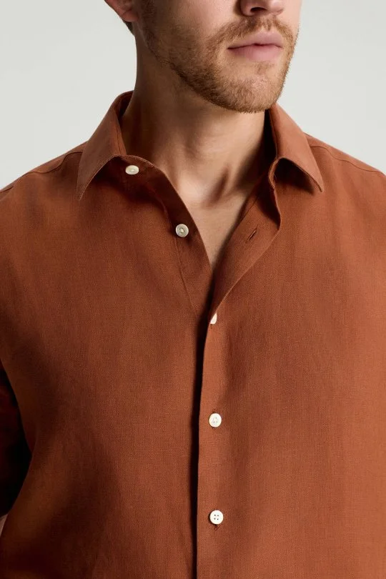 Kiremit Rengi Saf Keten Spor Gömlek