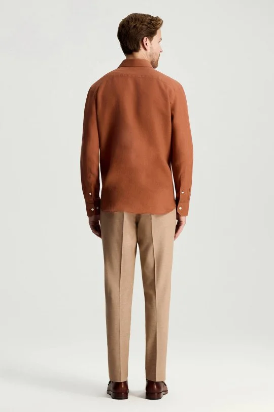 Kiremit Rengi Saf Keten Spor Gömlek