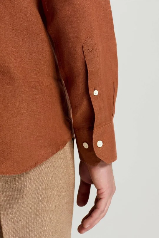 Kiremit Rengi Saf Keten Spor Gömlek