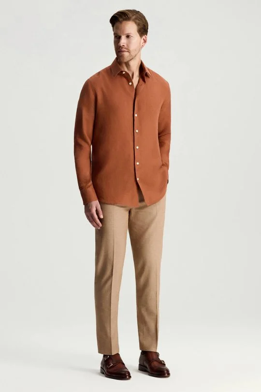 Kiremit Rengi Saf Keten Spor Gömlek