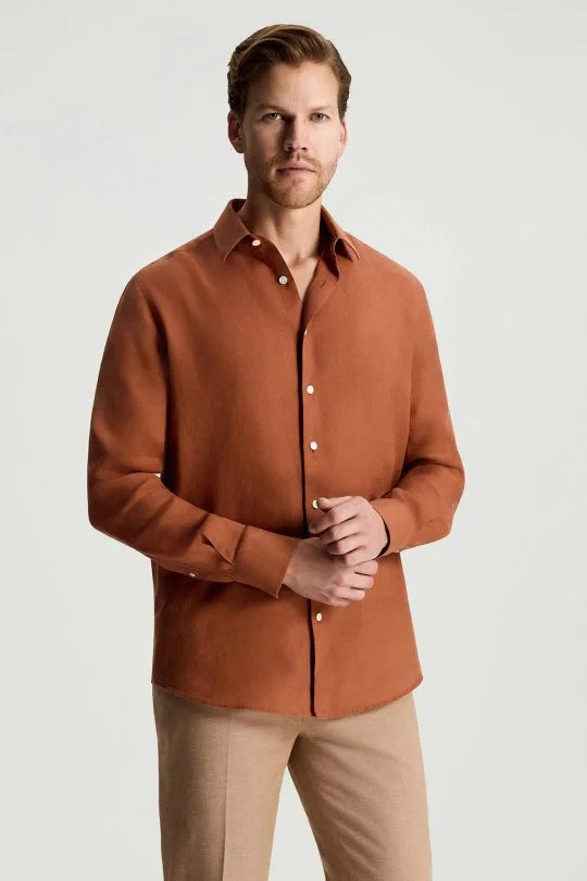 Kiremit Rengi Saf Keten Spor Gömlek