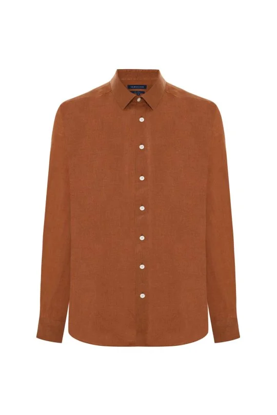 Kiremit Rengi Saf Keten Spor Gömlek