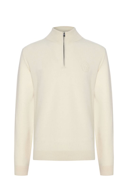 Kırık Beyaz Fermuarlı Merino Yün Activewear Triko