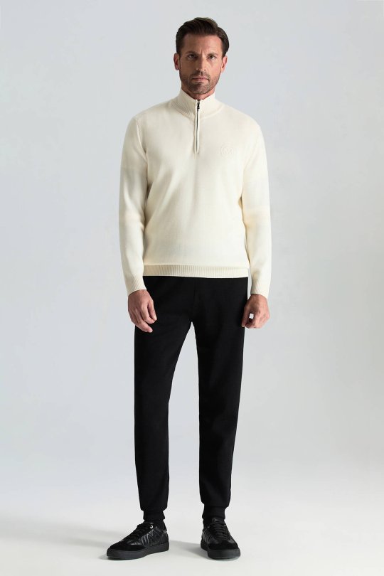 Kırık Beyaz Fermuarlı Merino Yün Activewear Triko