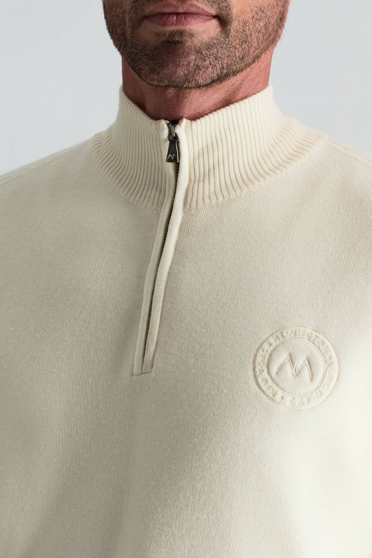 Kırık Beyaz Fermuarlı Merino Yün Activewear Triko