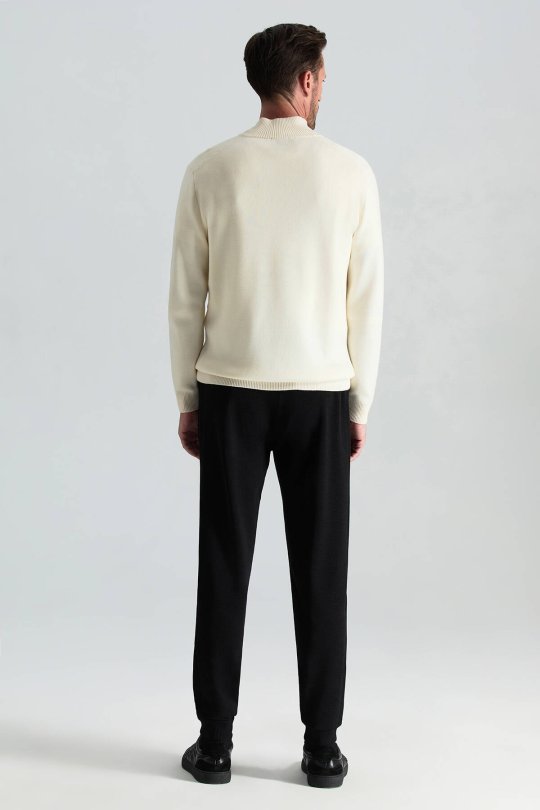 Kırık Beyaz Fermuarlı Merino Yün Activewear Triko