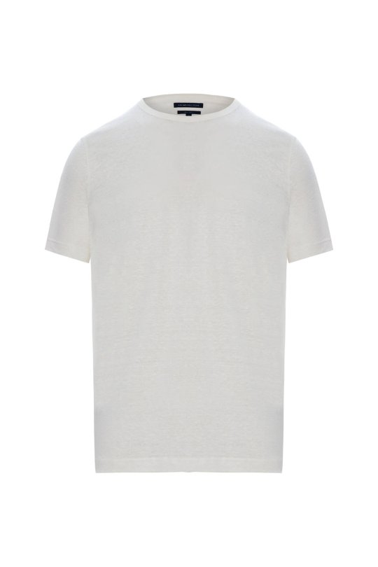 Saf Keten Kırık Beyaz Bisiklet Yaka T-Shirt