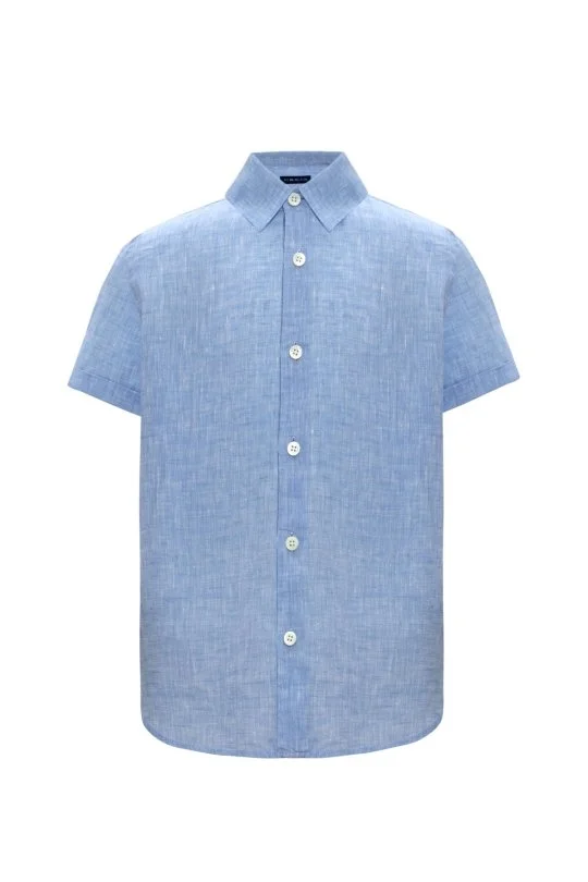 Hemington - Kısa Kollu Saf Keten Gök Mavisi Çocuk Gömlek (6)