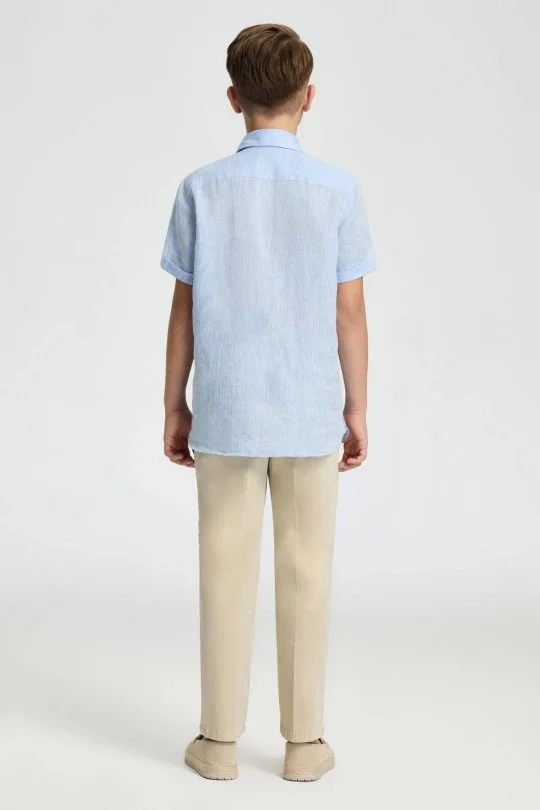 Hemington - Kısa Kollu Saf Keten Gök Mavisi Çocuk Gömlek (4)