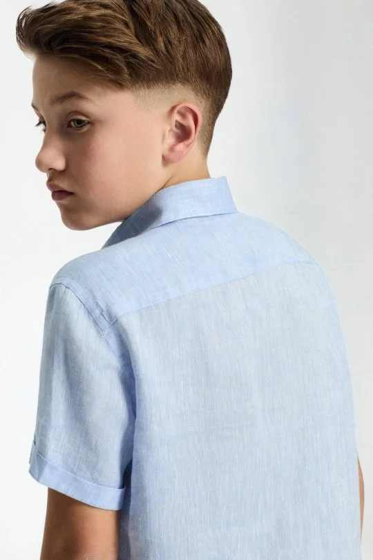 Hemington - Kısa Kollu Saf Keten Gök Mavisi Çocuk Gömlek (3)