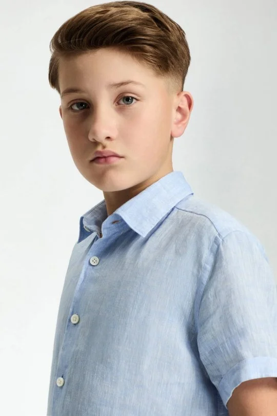 Hemington - Kısa Kollu Saf Keten Gök Mavisi Çocuk Gömlek (2)