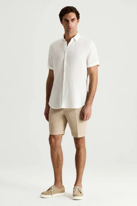 Hemington - Kısa Kollu Saf Keten Beyaz Gömlek (3)