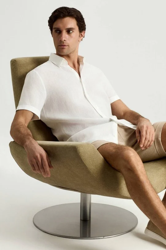 Hemington - Kısa Kollu Saf Keten Beyaz Gömlek (2)