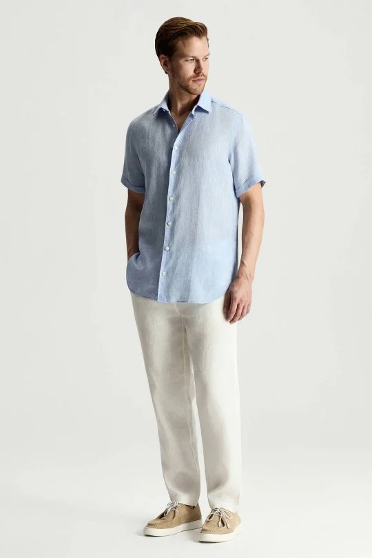 Hemington - Kısa Kollu Saf Keten Gök Mavisi Gömlek (2)