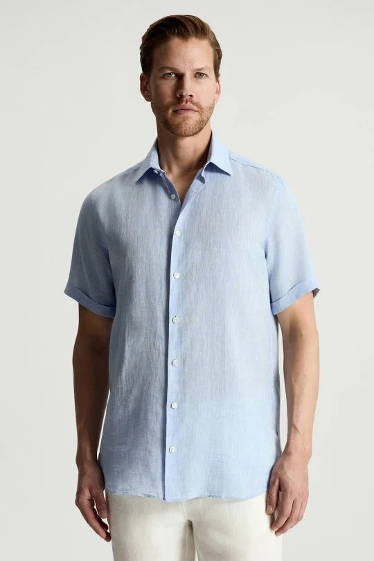 Hemington - Kısa Kollu Saf Keten Gök Mavisi Gömlek (1)