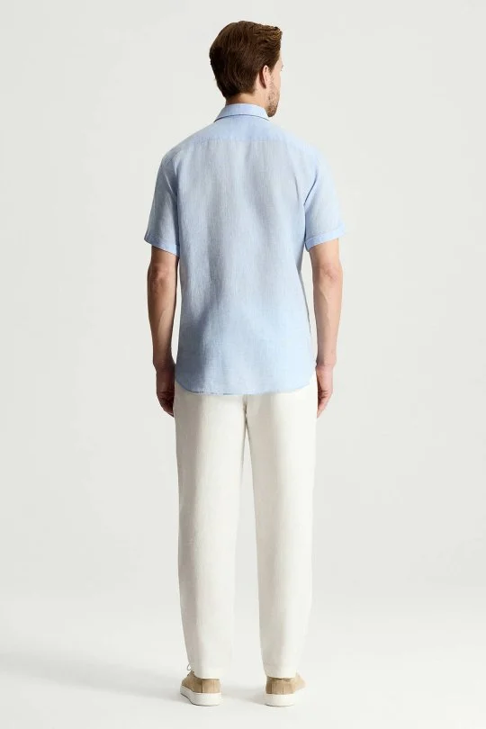 Hemington - Kısa Kollu Saf Keten Gök Mavisi Gömlek (3)