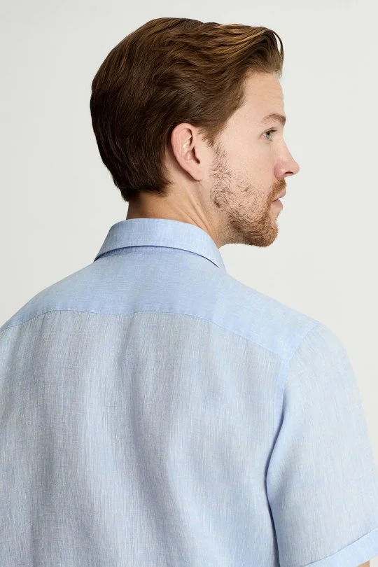 Hemington - Kısa Kollu Saf Keten Gök Mavisi Gömlek (5)