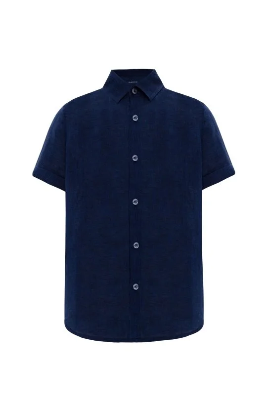 Hemington - Kısa Kollu Saf Keten Lacviert Çocuk Gömlek (7)