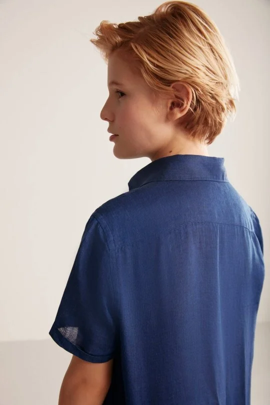 Hemington - Kısa Kollu Saf Keten Lacviert Çocuk Gömlek (2)